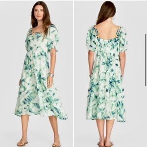 NWT Johnny Was | Size Large - Jade Marble Tie Dye Puff Sleeve Midi Dress